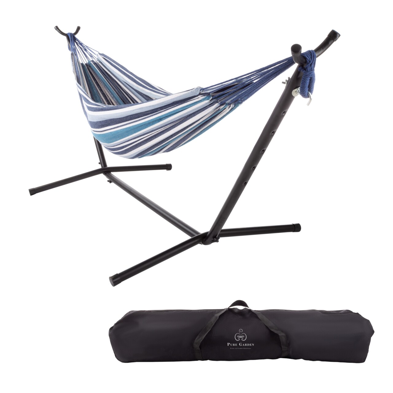 Double Brazilian Hammock With Stand Steel Frame Woven Cotton 2-Person Blue Teal